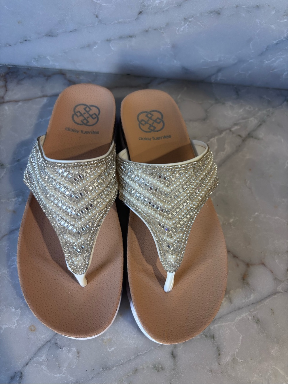 Daisy Fuentes Champagne Beaded Thong Wedge Sandals